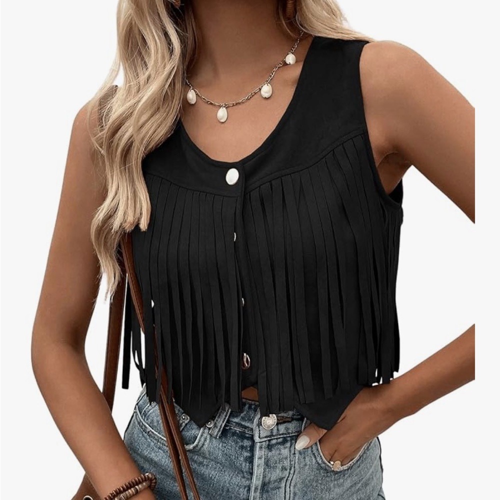 Black Fringe Sleeveless Top
